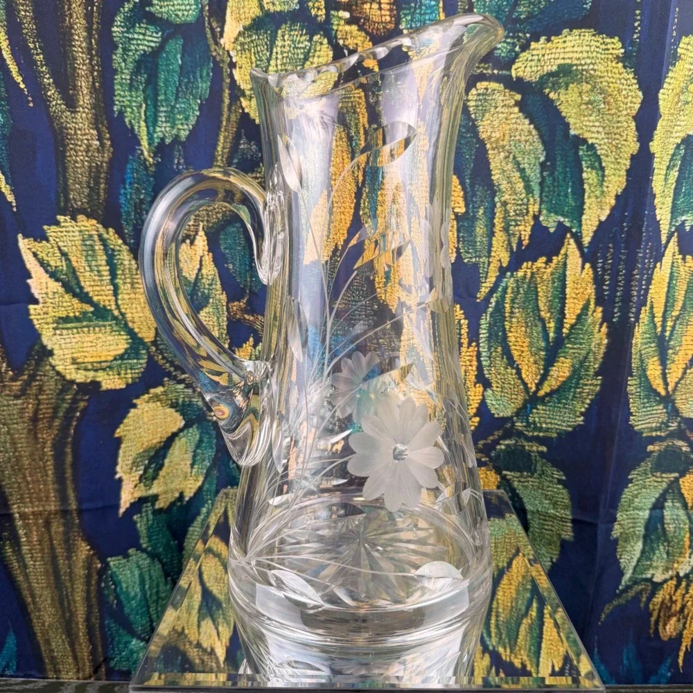 Vintage Cut Glass Floral Pitcher Wheel Cut Flower‎ Design Starburst Base 11.5in